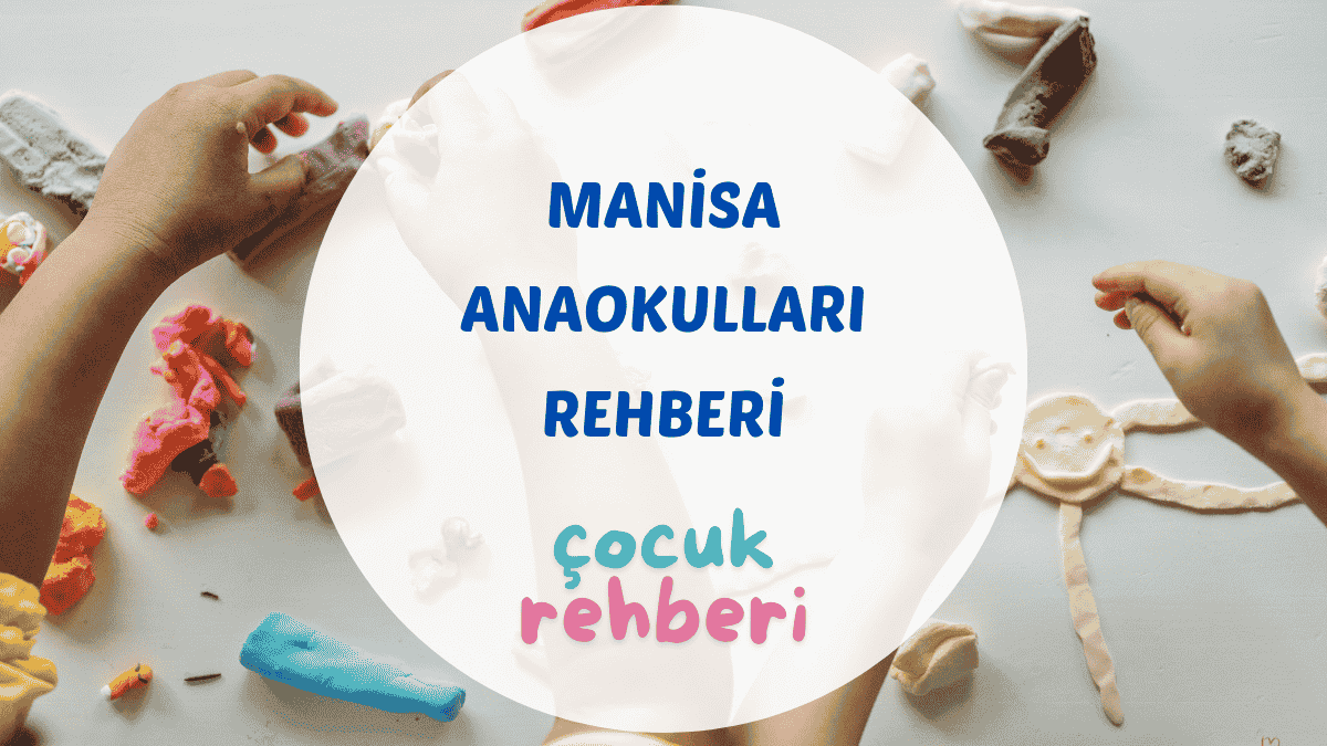 Manisa anaokulları rehberi için hazırlanan kapak görseli, sınıfta etkinlik yapan neşeli çocuklar ve öğretmenleri.